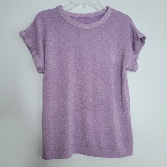 NWT Liwisi Lavender Purple Sparkle Glitter Relaxed Cuffed Short Sleeve T-Shirt - Picture 4 of 8